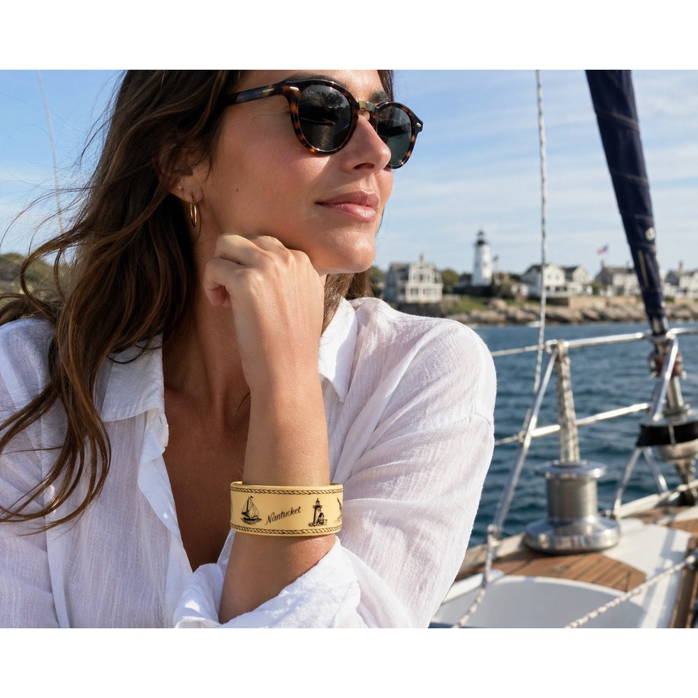 Vintage Nantucket Scrimshaw Style Cream Yellow Resin Nautical Cuff Bracelet